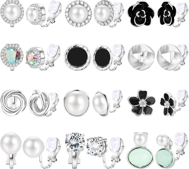 NEWITIN 12 Pairs Clip On Earrings for Women Cute Earring Crystal Pearl Stud Charming Fashion Earring Non Piercing Clip on Stud Earrings for Women - Image 1
